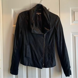 Vince Black Soft Leather & Ribbed Knit Panel Zip Front Moto Jacket XS